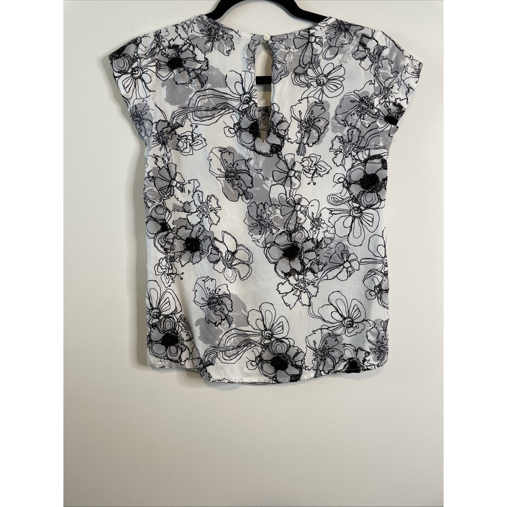 Vintage Carole Little XS Ivory Black Floral Rayon Cap Sleeve Blouse Career Top - Picture 5 of 12